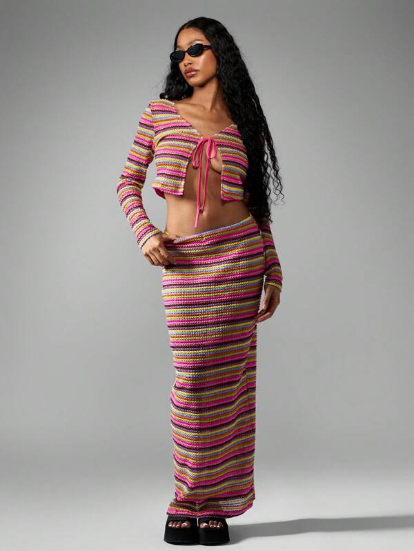 MISSGUIDED Crochet Striped Knit Long Sleeve Crop Top Skirt Two-Piece Outfit