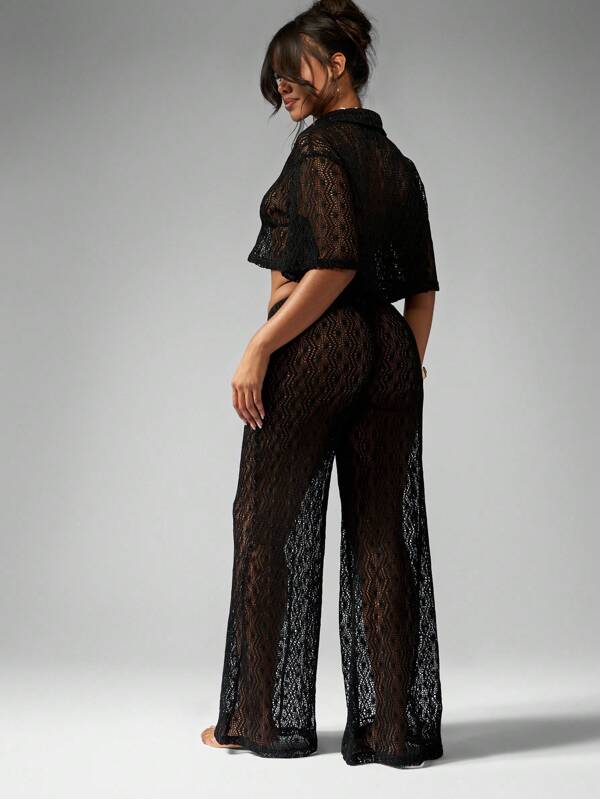 MISSGUIDED Crochet Two-Piece Outfit With Wide Leg Pants And Button Up Shirt