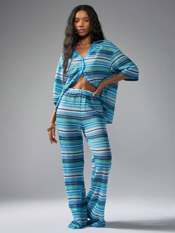 MISSGUIDED Crochet Wide Leg Button-Up Two-Piece Set