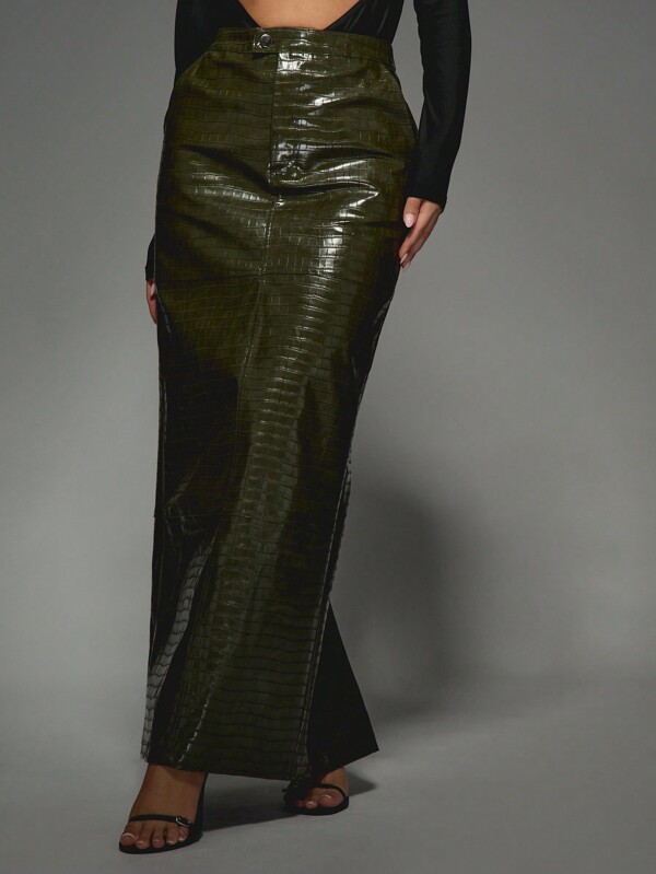 MISSGUIDED Crocodile Embossed Faux Leather Maxi Skirt