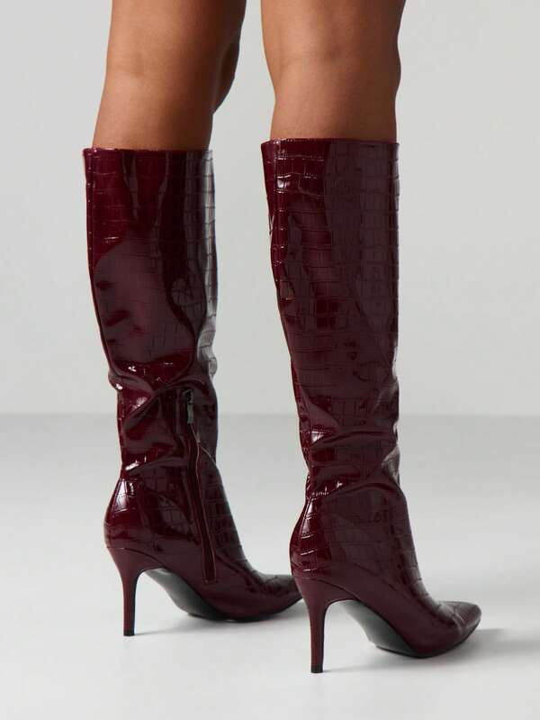 MISSGUIDED Crocodile Embossed Knee High Boots With Stiletto Heels