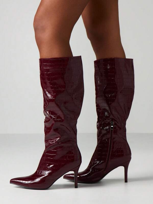 MISSGUIDED Crocodile Embossed Knee High Boots With Stiletto Heels