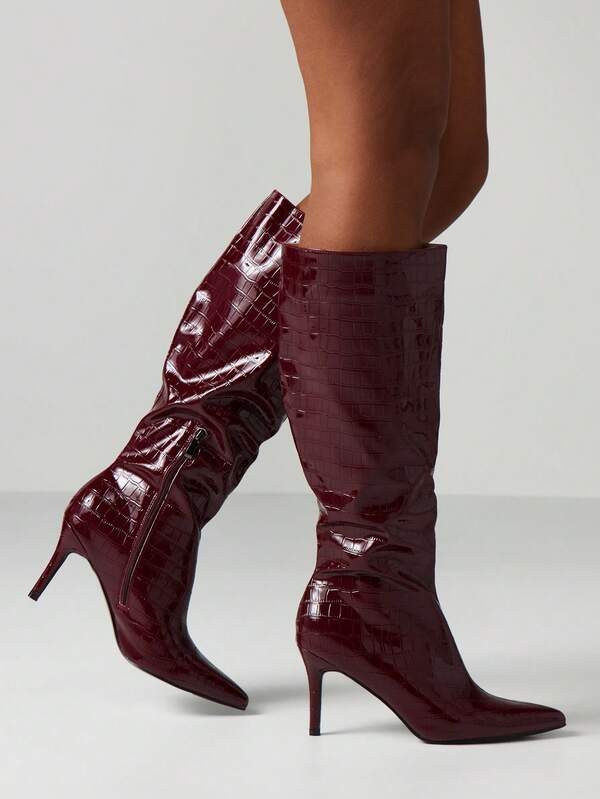 MISSGUIDED Crocodile Embossed Knee High Boots With Stiletto Heels
