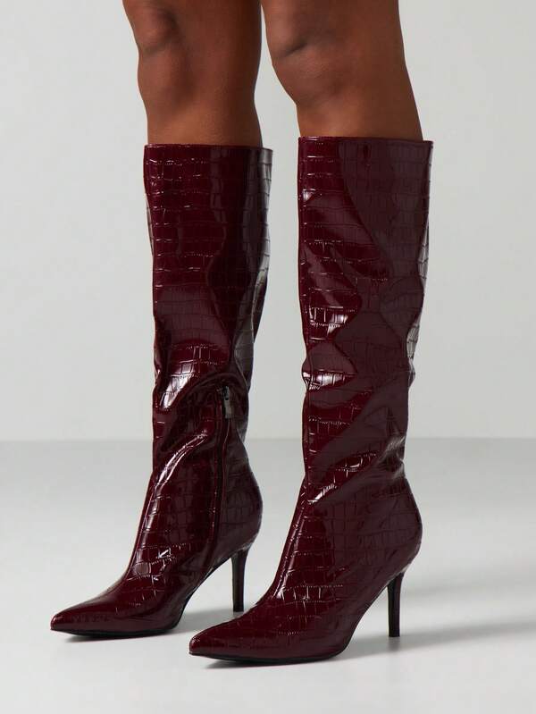 MISSGUIDED Crocodile Embossed Knee High Boots With Stiletto Heels