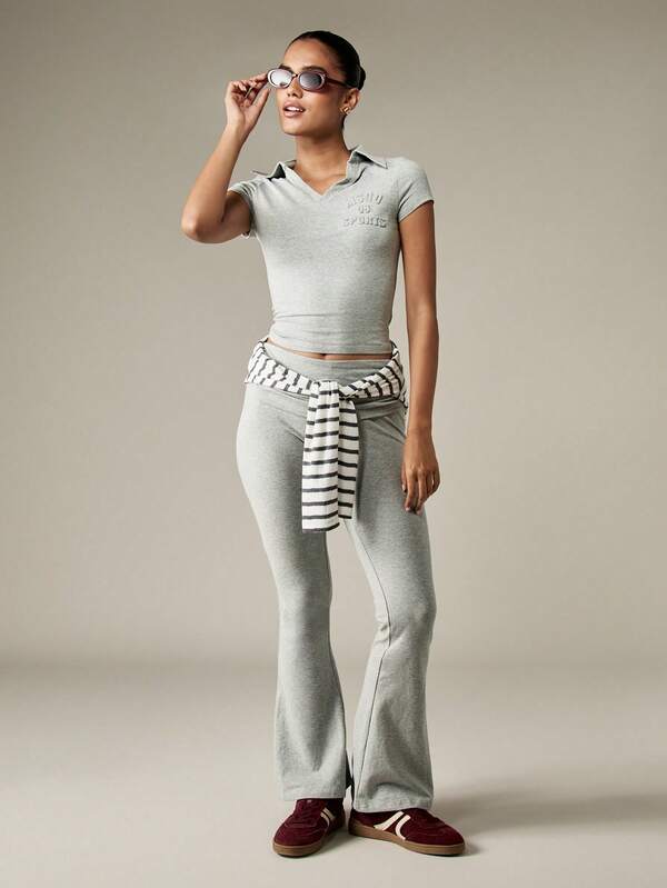 MISSGUIDED Crop Polo Top And Flared Pants Set