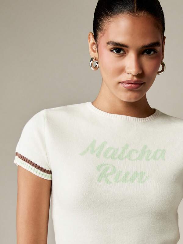 MISSGUIDED Cropped Baby Tee With Ribbed Trim And Text Print