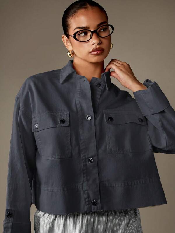 MISSGUIDED Cropped Button Front Denim Shirt With Chest Pockets