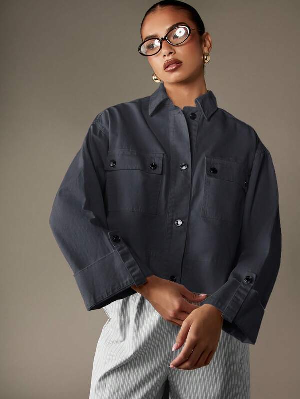 MISSGUIDED Cropped Button Front Denim Shirt With Chest Pockets