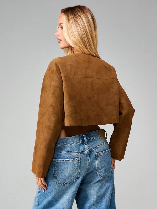 MISSGUIDED Cropped Button Front Suede Jacket