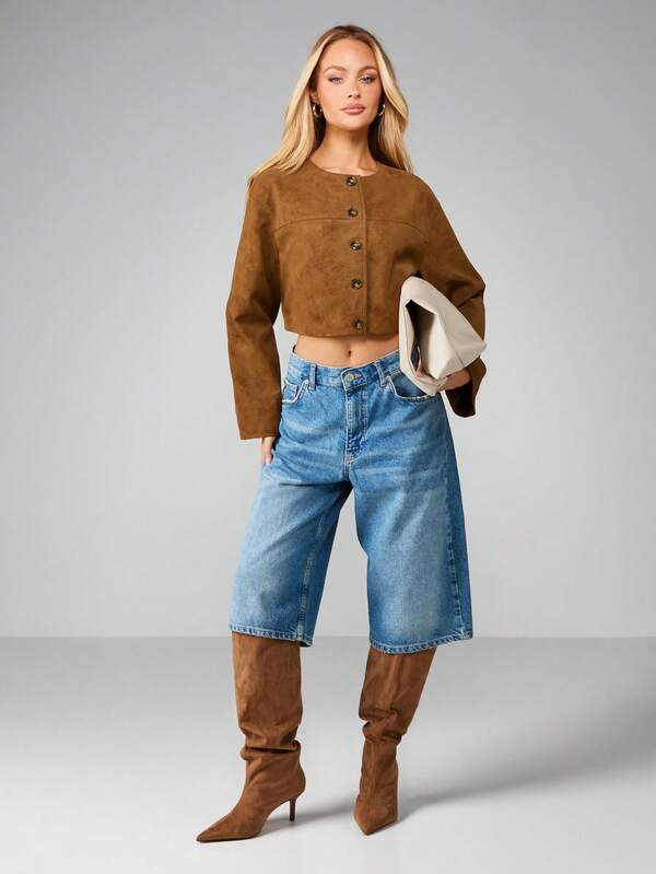 MISSGUIDED Cropped Button Front Suede Jacket