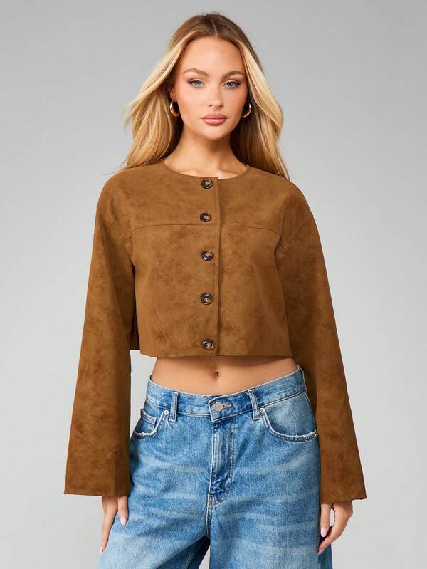 MISSGUIDED Cropped Button Front Suede Jacket