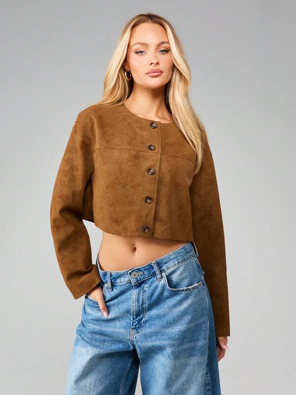 MISSGUIDED Cropped Button Front Suede Jacket