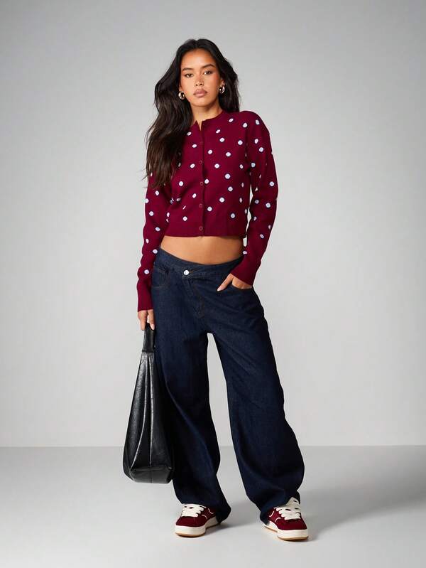 MISSGUIDED Cropped Button-Up Cardigan With Polka Dots
