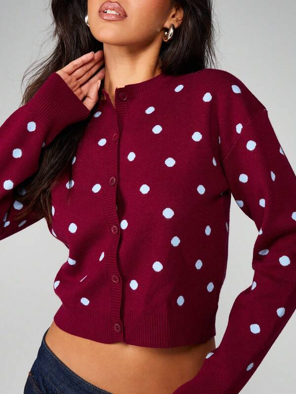 MISSGUIDED Cropped Button-Up Cardigan With Polka Dots