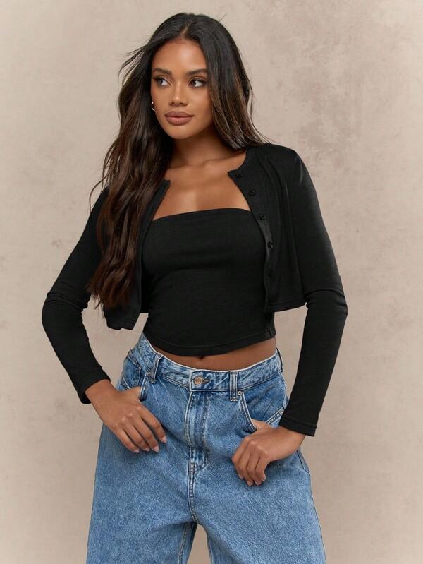 MISSGUIDED Cropped Button Up Cardigan With Tube Top Set