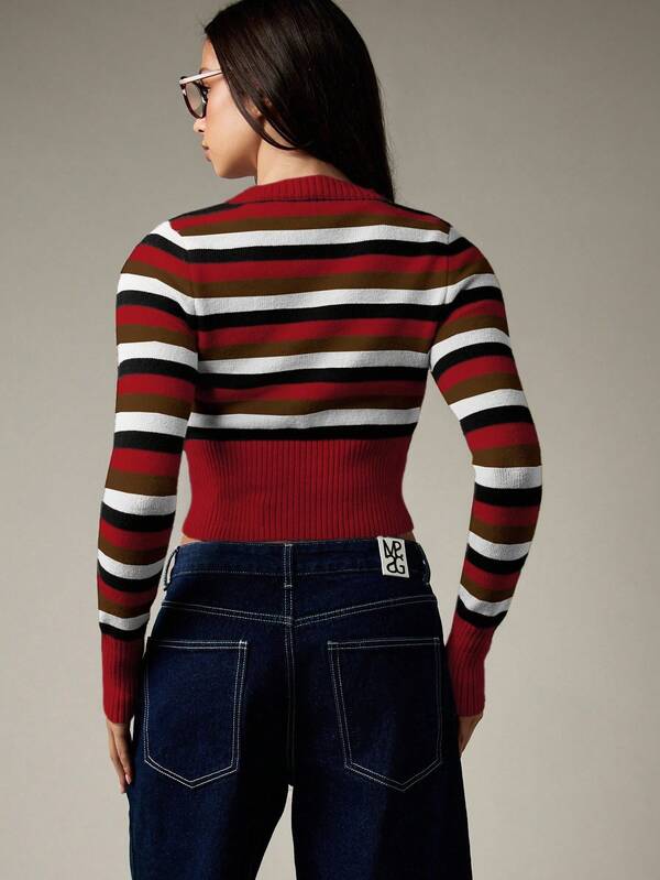 MISSGUIDED Cropped Button Up Striped Knit Cardigan With Ribbed Trim