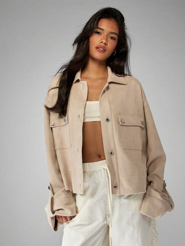 MISSGUIDED Cropped Canvas Utility Jacket With Button Closure