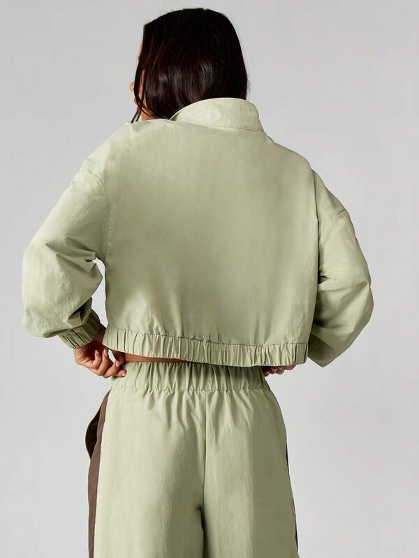 MISSGUIDED Cropped Color Block Track Jacket With Elastic Waist And Stand Collar