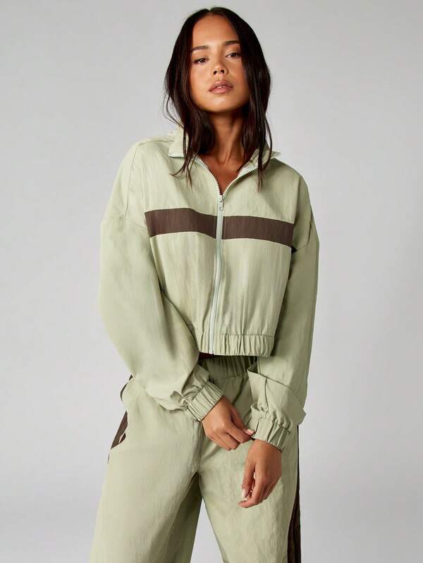 MISSGUIDED Cropped Color Block Track Jacket With Elastic Waist And Stand Collar