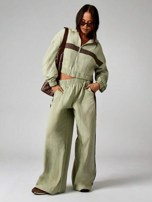 MISSGUIDED Cropped Color Block Track Jacket With Elastic Waist And Stand Collar