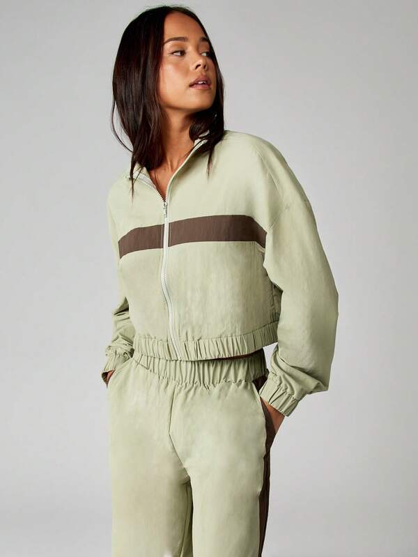 MISSGUIDED Cropped Color Block Track Jacket With Elastic Waist And Stand Collar
