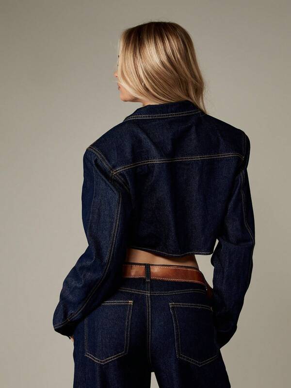 MISSGUIDED Cropped Dark Wash Denim Jacket With Shoulder Pads