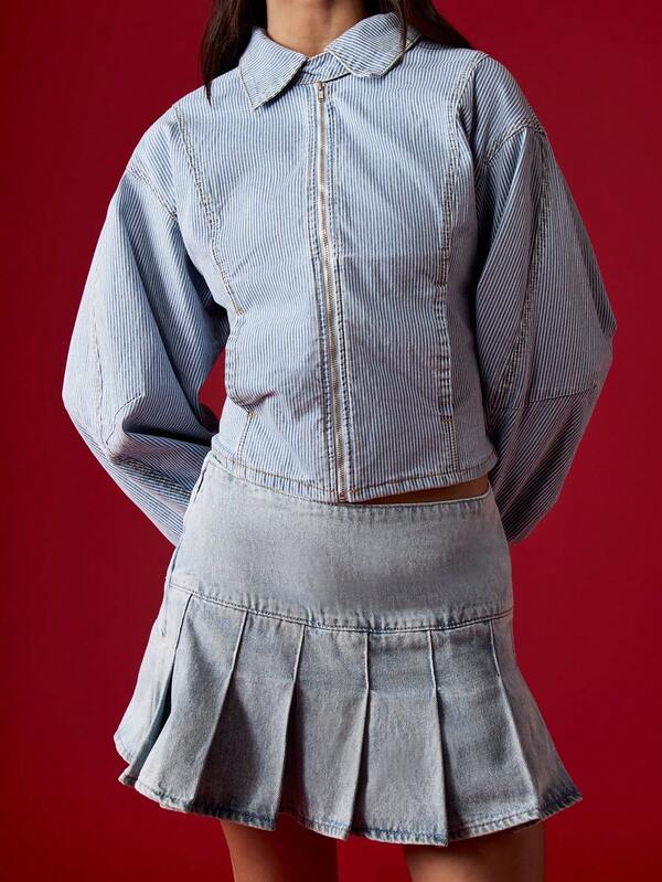 MISSGUIDED Cropped Denim Jacket With Balloon Sleeves And Zip Front