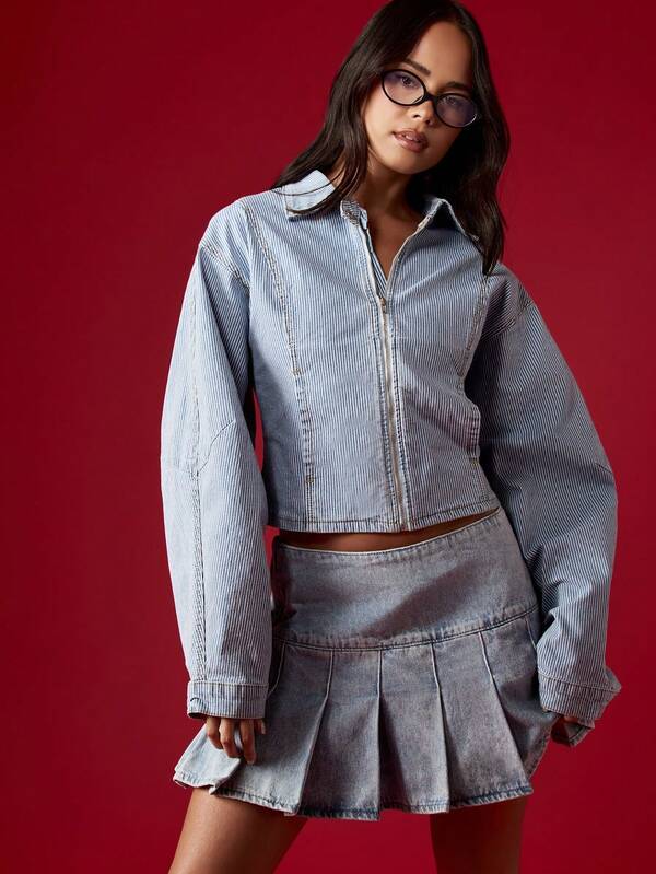 MISSGUIDED Cropped Denim Jacket With Balloon Sleeves And Zip Front