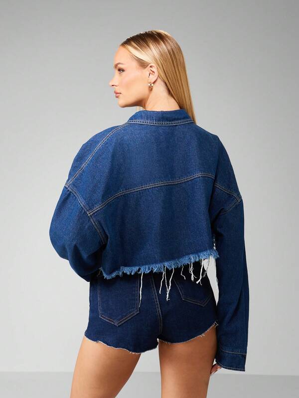 MISSGUIDED Cropped Denim Jacket With Raw Hem And Chest Pockets