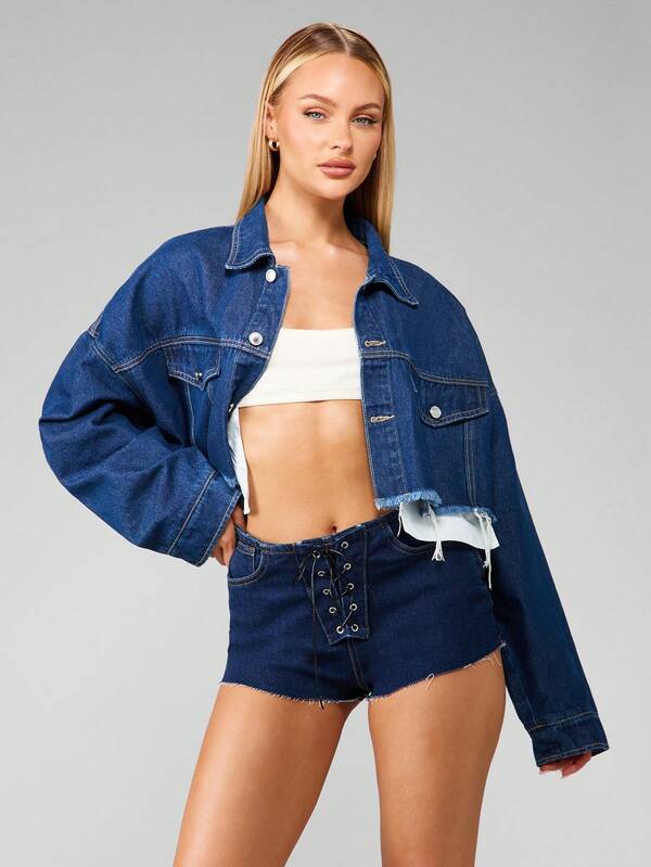 MISSGUIDED Cropped Denim Jacket With Raw Hem And Chest Pockets