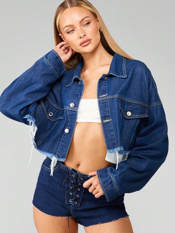 MISSGUIDED Cropped Denim Jacket With Raw Hem And Chest Pockets