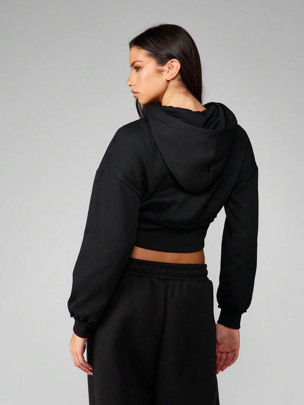 MISSGUIDED Cropped Full Zip Hooded Sweatshirt With Text Print