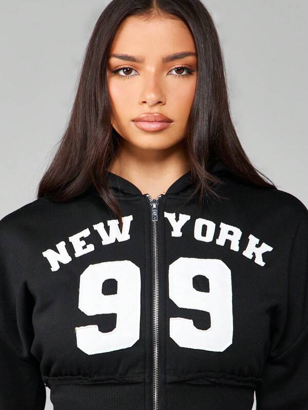MISSGUIDED Cropped Full Zip Hooded Sweatshirt With Text Print