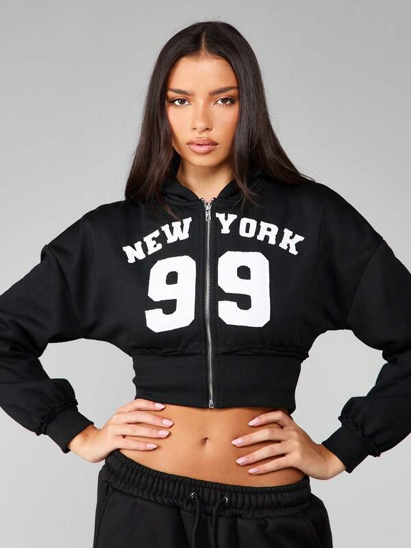 MISSGUIDED Cropped Full Zip Hooded Sweatshirt With Text Print