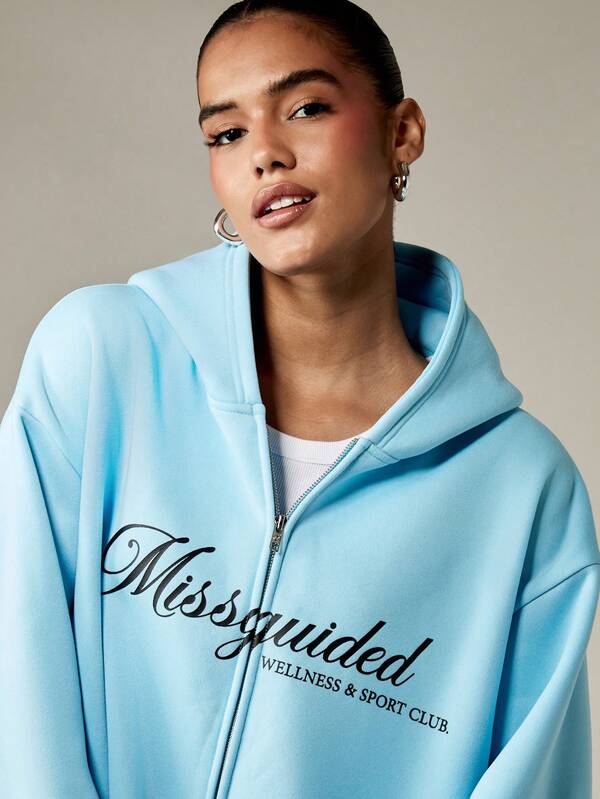 MISSGUIDED Cropped Full Zip Hoodie With Front Logo Print