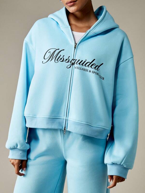 MISSGUIDED Cropped Full Zip Hoodie With Front Logo Print