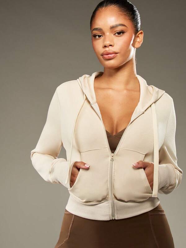 MISSGUIDED Cropped Full Zip Hoodie With Ribbed Trim And Drawstring