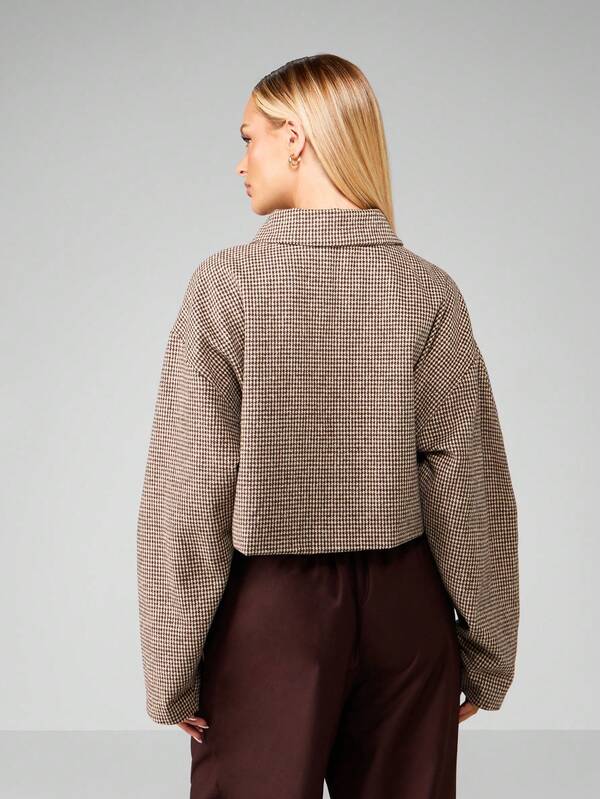MISSGUIDED Cropped Houndstooth Pattern Jacket With Puff Sleeves