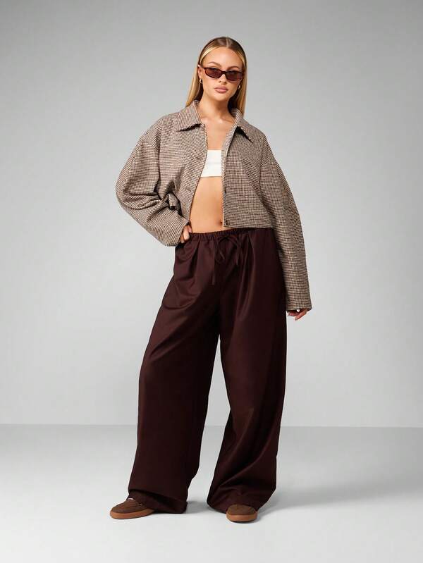 MISSGUIDED Cropped Houndstooth Pattern Jacket With Puff Sleeves