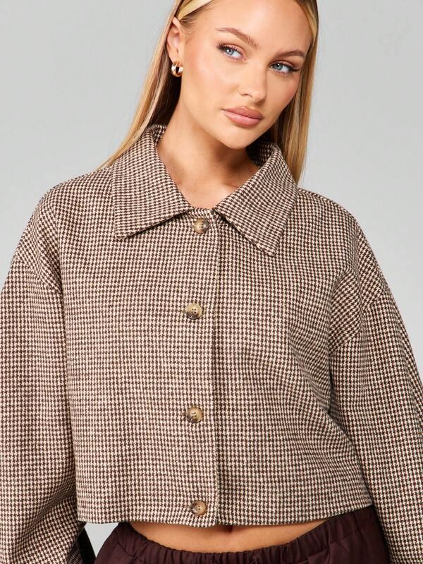 MISSGUIDED Cropped Houndstooth Pattern Jacket With Puff Sleeves