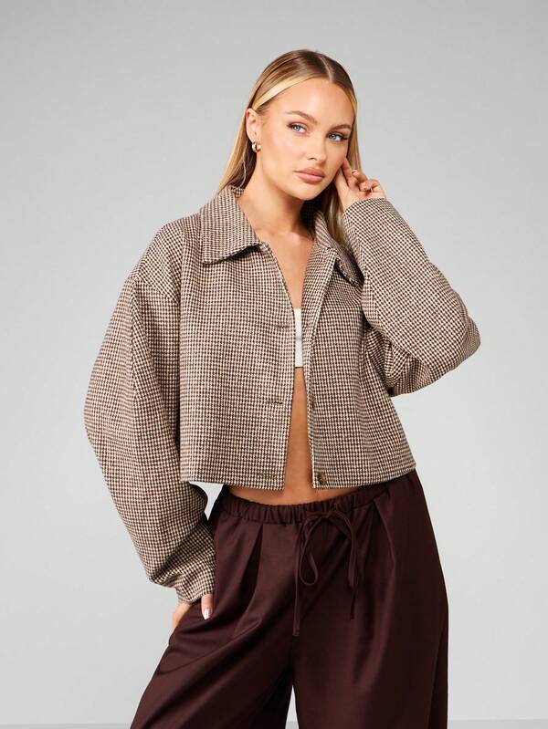 MISSGUIDED Cropped Houndstooth Pattern Jacket With Puff Sleeves