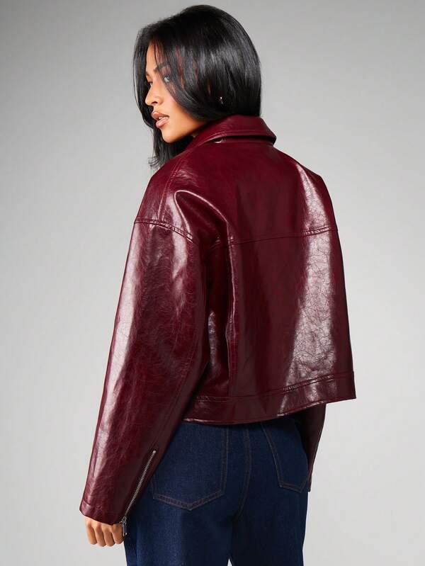 MISSGUIDED Cropped Leather Jacket With Chest Pockets