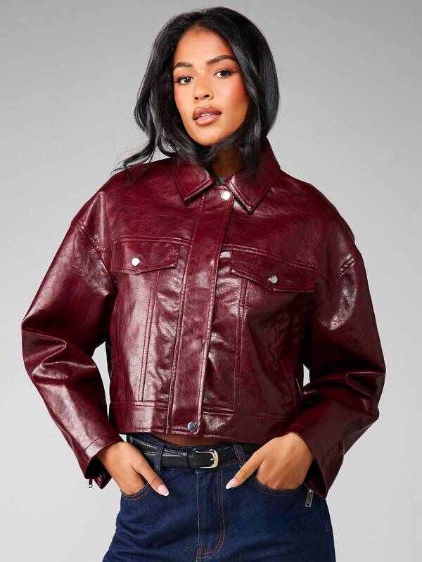 MISSGUIDED Cropped Leather Jacket With Chest Pockets