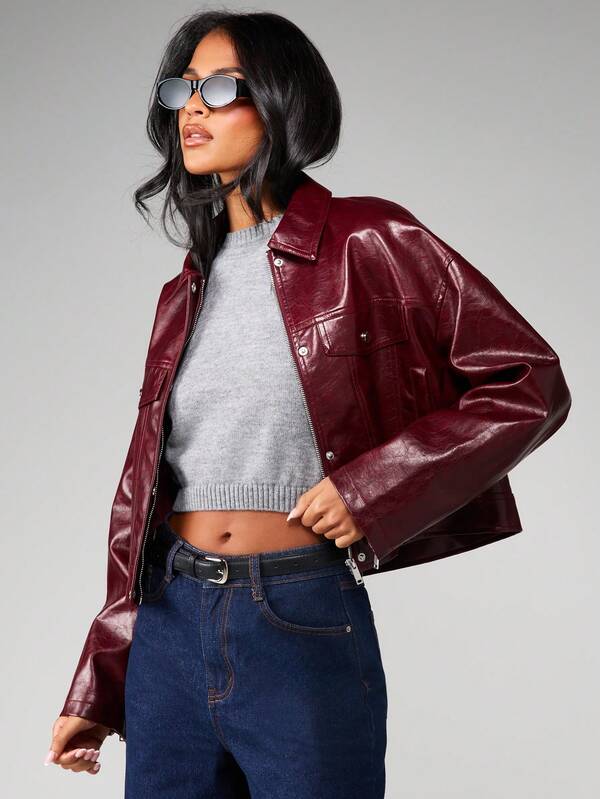 MISSGUIDED Cropped Leather Jacket With Chest Pockets