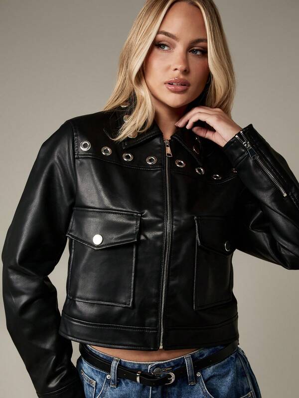 MISSGUIDED Cropped Leather Jacket With Grommet Collar And Utility Pockets