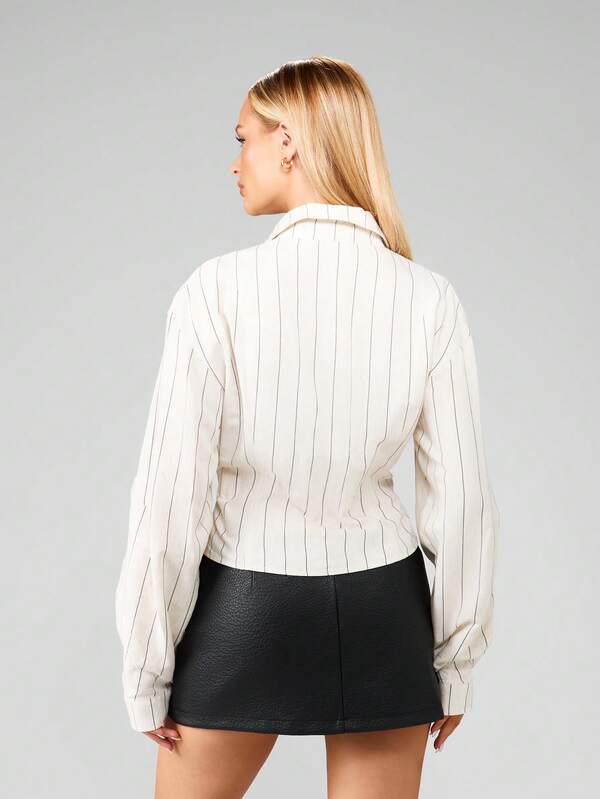 MISSGUIDED Cropped Pinstripe Jacket With Front Zip And Collar