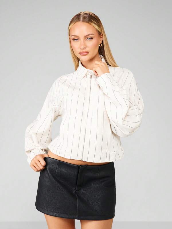 MISSGUIDED Cropped Pinstripe Jacket With Front Zip And Collar