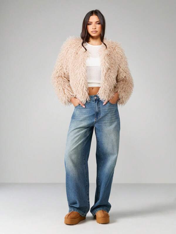 MISSGUIDED Cropped Shaggy Long Hair Faux Fur Jacket
