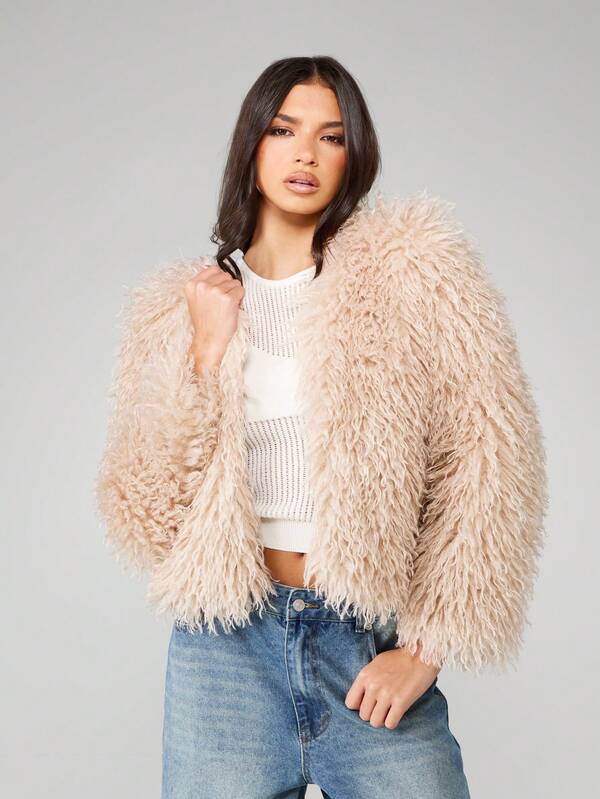 MISSGUIDED Cropped Shaggy Long Hair Faux Fur Jacket