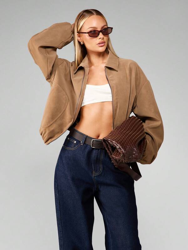MISSGUIDED Cropped Suede Bomber Jacket With Collar And Zip